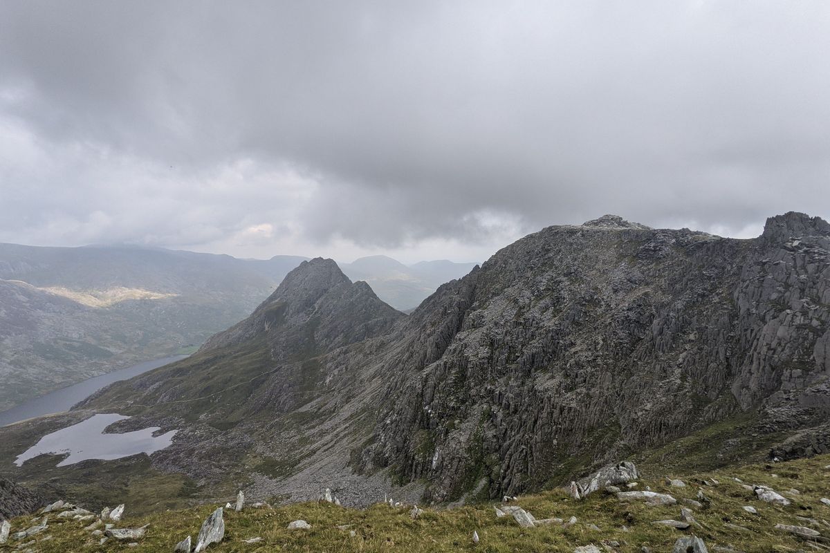 The mountains Tryfan and Glyder Fach with Ogwen valley in the background